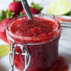 This Strawberry Margarita Dessert Sauce is the perfect topping for your ice cream, cakes, cookies, cheesecakes. Super easy to make, you will be using this on everything!