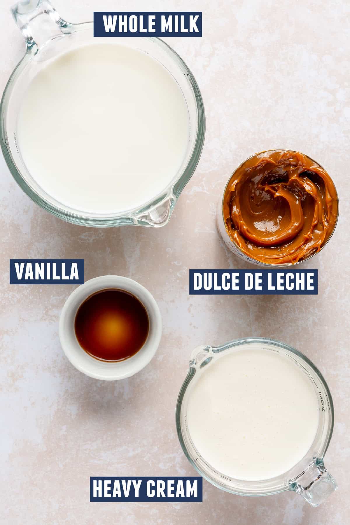 Ingredients needed to make dulce de leche ice cream.