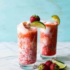 A cold, refreshing strawberry margarita made with fresh strawberries and poured over coconut gelato!