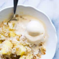 Tropical flavors abound in this Pineapple Crisp, loaded with fresh pineapple and topped with toasted coconut. Add a scoop of coconut gelato for an extra special treat!