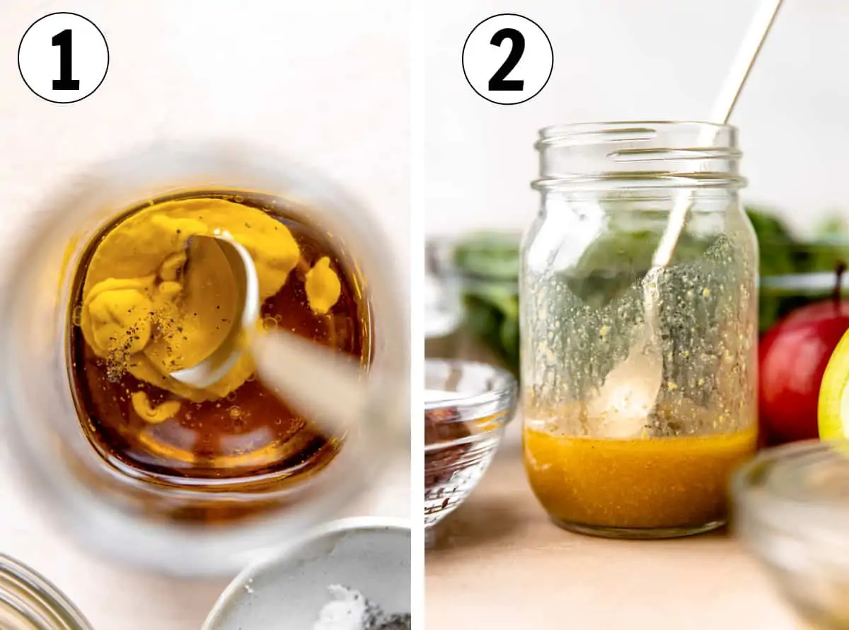 Step by step how to make a maple vinaigrette for salad, showing ingredients in a jar and then mixed together ready to serve.