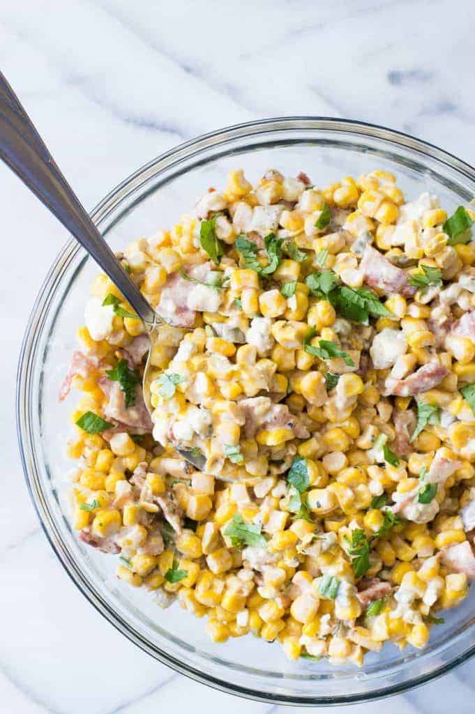 Smokey Bacon & Blue Cheese Corn Salad. Take your corn salad to a whole new level with hints of smoke, fire roasted corn, bacon and chunks of blue cheese. 