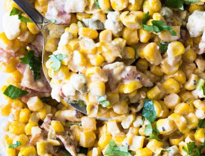 Smoky Bacon & Blue Cheese Corn Salad. Take your corn salad to a whole new level with hints of smoke, fire roasted corn, bacon and chunks of blue cheese.