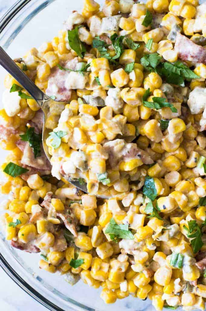 Smokey Bacon & Blue Cheese Corn Salad. Take your corn salad to a whole new level with hints of smoke, fire roasted corn, bacon and chunks of blue cheese. 