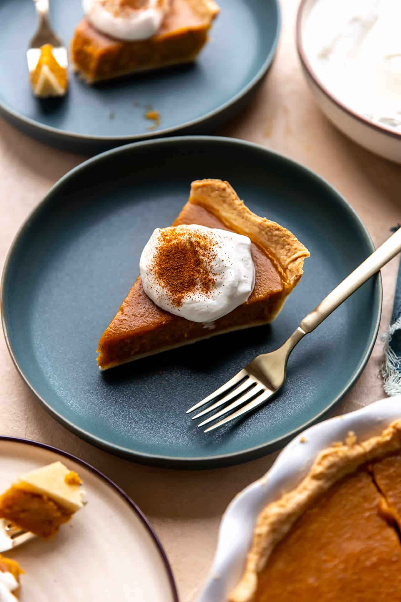Slice of Butternut squash pie served on a plate with a dollop of whipped cream and sprinkled with cinnamon.