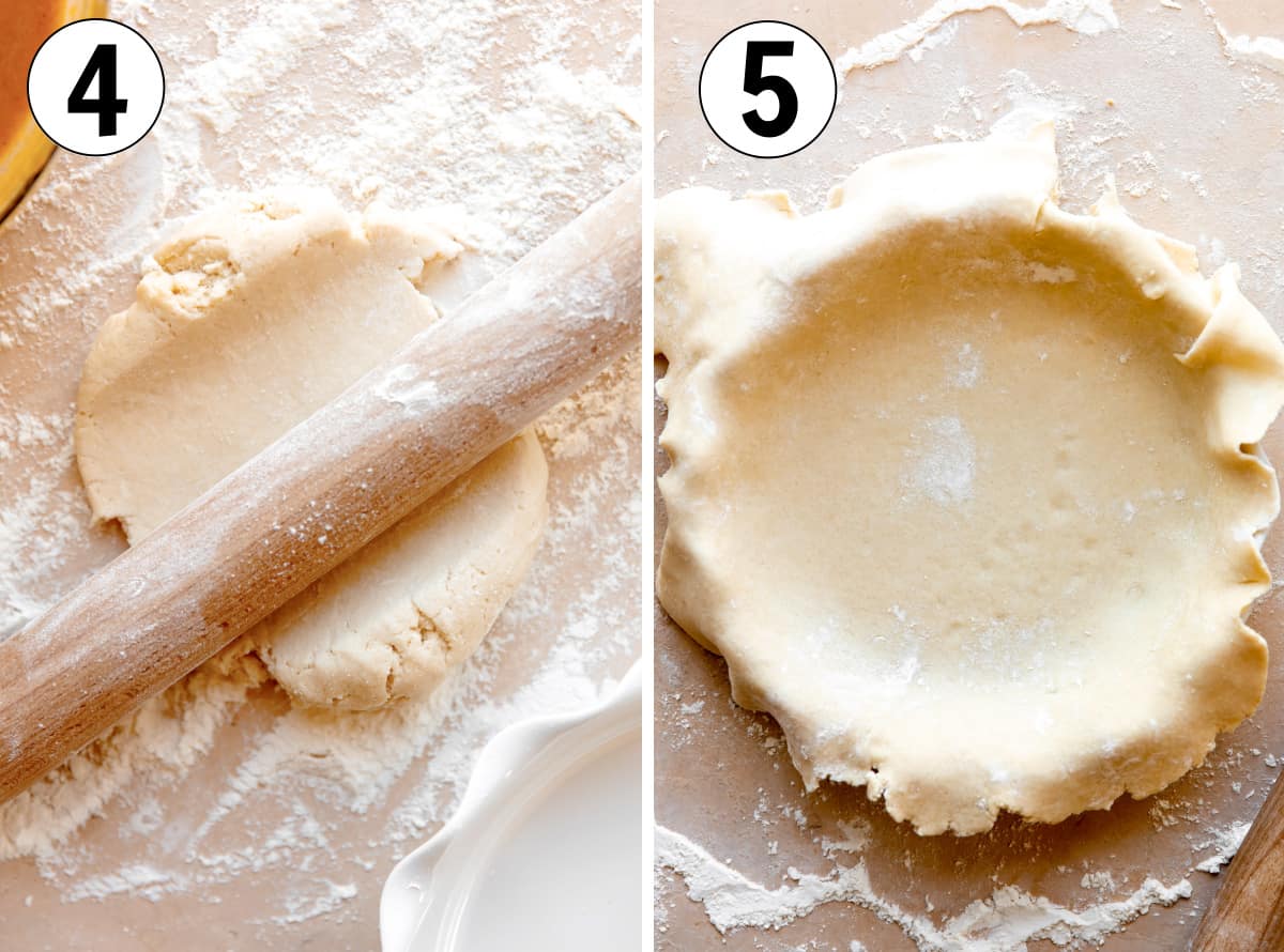 Step by step how to make a pie crust using butter, showing rolling out the dough and pressing into a pie dish.