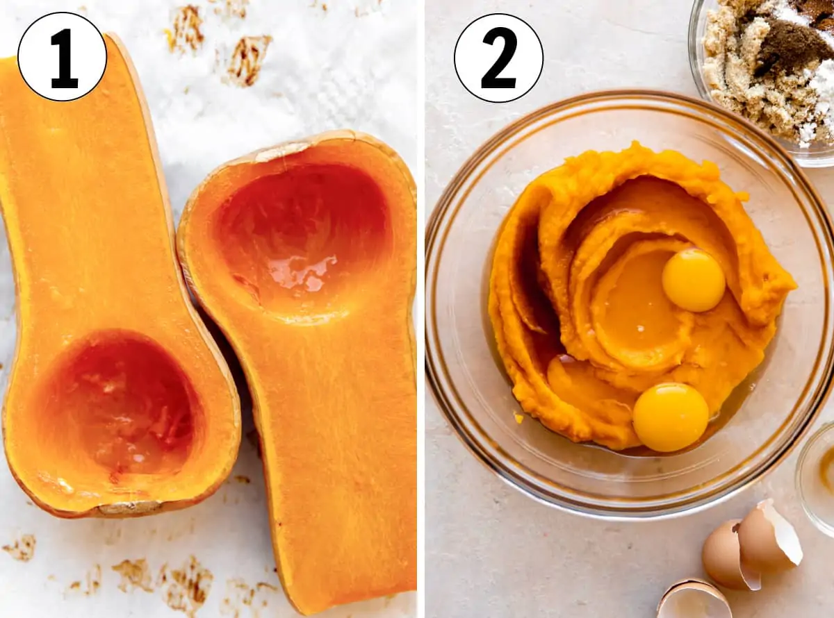 How to make homemade butternut squash puree, showing roasting the squash and blending, adding butter and eggs.