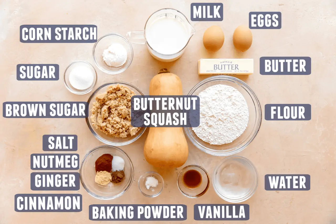 Ingredients needed to make butternut squash pie laid out on the counter.