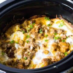 Slow Cooker Breakfast Casserole. This quick and easy to put together breakfast can cook in the slow cooker overnight while you're sleeping!! There's nothing better than waking up to the smell of a homemade breakfast already made. This casserole is loaded up with sausage, diced hash browns, eggs and cheese.