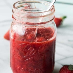 Homemade Strawberry Sauce. This easy to make sauce is perfect for pouring onto pancakes, waffles, ice cream, or pretty much any dessert you can think of! You can also use it in place of jam on your morning toast! Only 4 ingredients and a few minutes of your time needed!