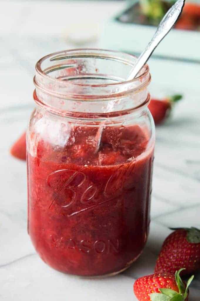 Homemade Strawberry Sauce. This easy to make sauce is perfect for pouring onto pancakes, waffles, ice cream, or pretty much any dessert you can think of! You can also use it in place of jam on your morning toast! Only 4 ingredients and a few minutes of your time needed! 