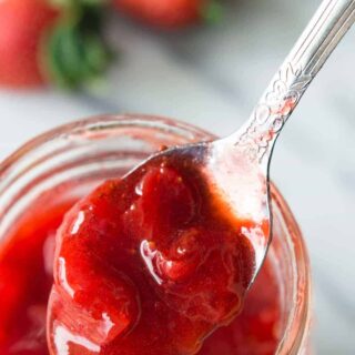 Homemade Strawberry Sauce. This easy to make sauce is perfect for pouring onto pancakes, waffles, ice cream, or pretty much any dessert you can think of! You can also use it in place of jam on your morning toast! Only 4 ingredients and a few minutes of your time needed!
