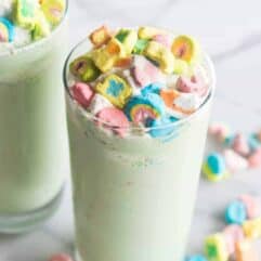 Lucky Charms Milkshake. This milkshake is made with Lucky Charms cereal milk, creamy vanilla ice cream, and colorful Lucky Charms marshmallows! Top it all with homemade whipped cream and even more marshmallows for a fun treat perfect for celebrating St. Patrick's Day, or any day!
