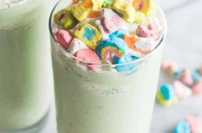 Lucky Charms Milkshake. This milkshake is made with Lucky Charms cereal milk, creamy vanilla ice cream, and colorful Lucky Charms marshmallows! Top it all with homemade whipped cream and even more marshmallows for a fun treat perfect for celebrating St. Patrick's Day, or any day!