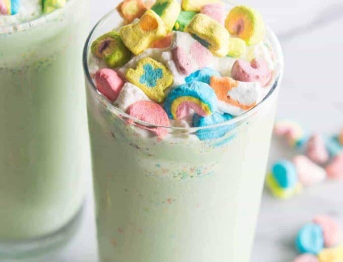 Lucky Charms Milkshake. This milkshake is made with Lucky Charms cereal milk, creamy vanilla ice cream, and colorful Lucky Charms marshmallows! Top it all with homemade whipped cream and even more marshmallows for a fun treat perfect for celebrating St. Patrick's Day, or any day!