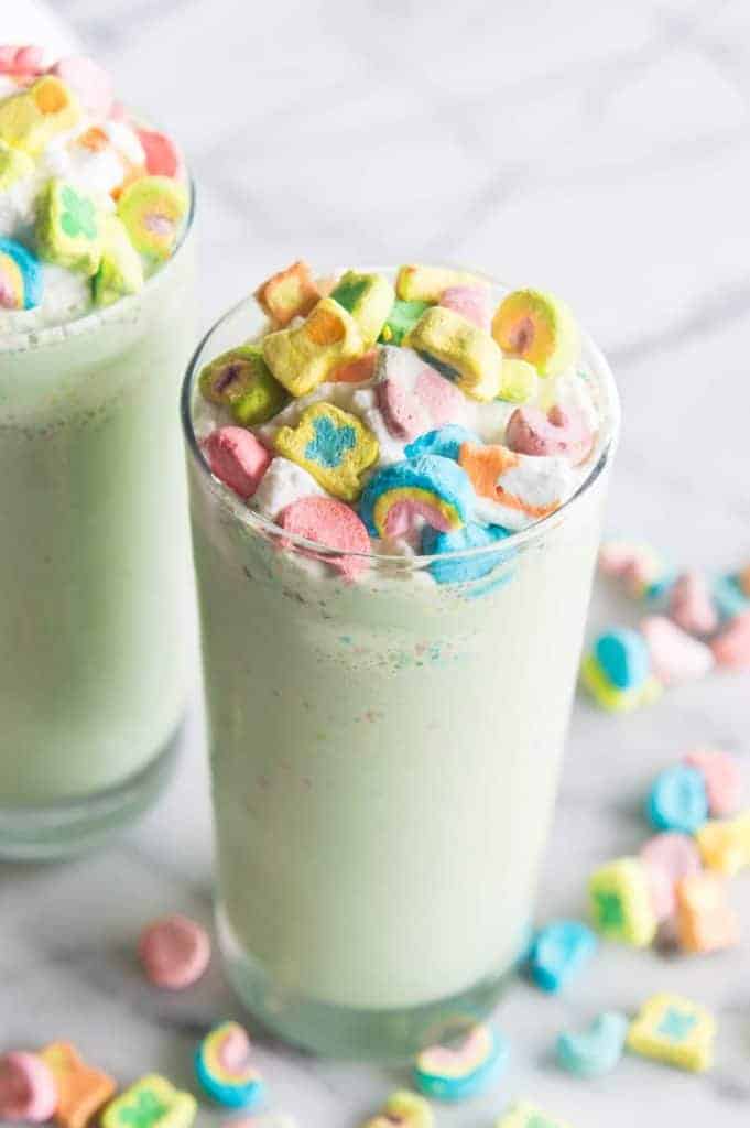 Lucky Charms Milkshake. This milkshake is made with Lucky Charms cereal milk, creamy vanilla ice cream, and colorful Lucky Charms marshmallows! Top it all with homemade whipped cream and even more marshmallows for a fun treat perfect for celebrating St. Patrick's Day, or any day! 