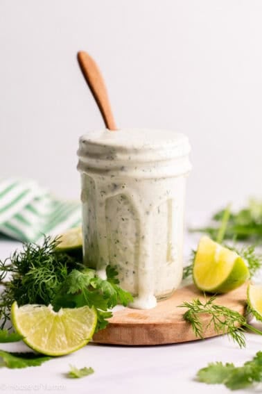 Jar of cilantro lime ranch dressing.