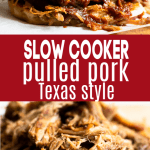 Long pin with slow cooker pulled pork, showing pulled pork and on a sandwich.