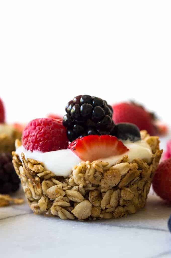 These Fruit and Yogurt Granola Cups are super easy to make for breakfast! Fill with your favorite yogurt and fresh fruits for a complete healthy meal! 