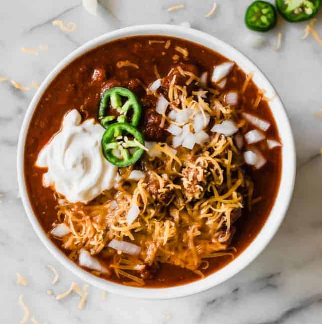 Bowl filled with an easy to make Texas Chili recipe.