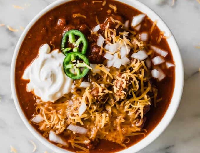 Bowl filled with an easy to make Texas Chili recipe.