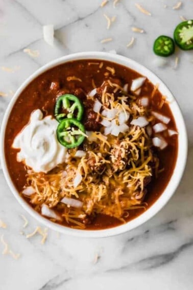 Bowl filled with an easy to make Texas Chili recipe.