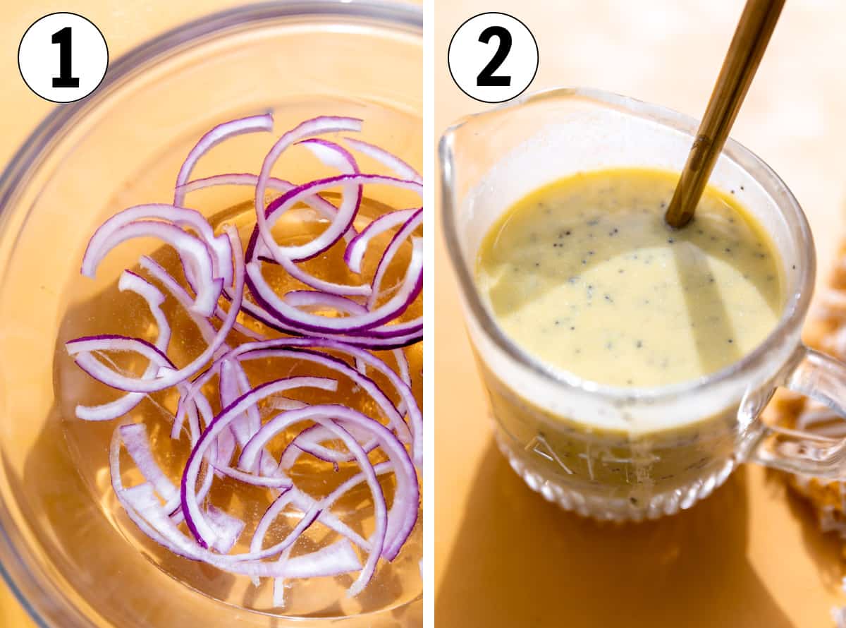 How to make a strawberry poppyseed salad, soaking red onions in water and a cup filled with creamy poppyseed dressing.