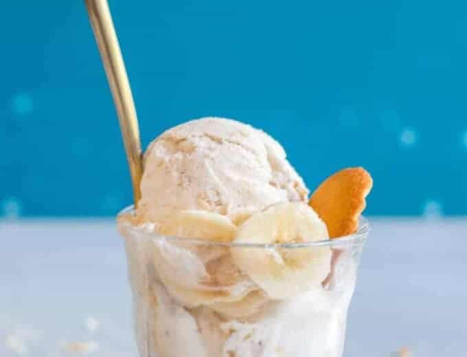 Banana Pudding Ice Cream.  This easy to make ice cream is egg free and made with REAL banana!  Layered with whipped cream and vanilla wafers this ice cream is a fun twist on a classic treat perfect for summer! 
