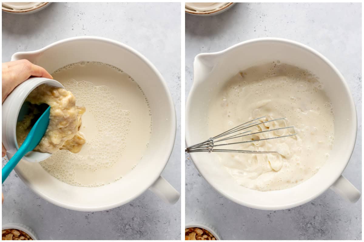 Adding mashed banana to cream and sugar to make ice cream.