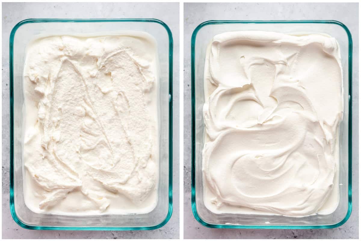 Layering ice cream with whipped topping. 