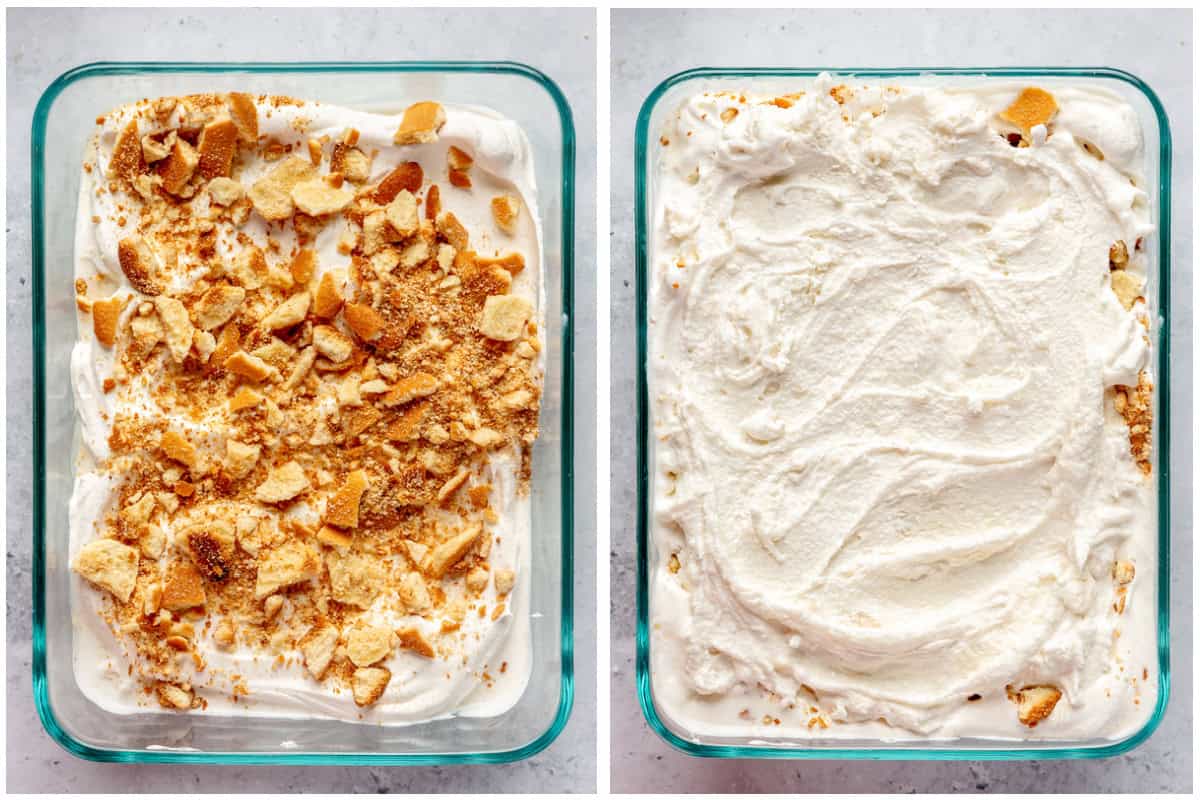 Adding layers of crumbled vanilla wafers and more ice cream.
