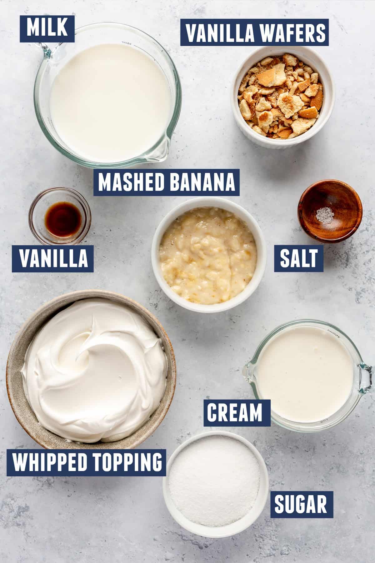 Ingredients needed to make banana pudding ice cream.
