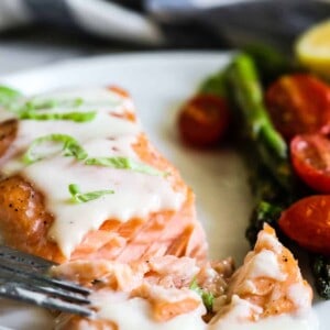 This easy to make Baked Salmon is topped with a flavorful, creamy Parmesan Cheese Sauce. Less than 30 minutes needed for this easy dinner recipe!
