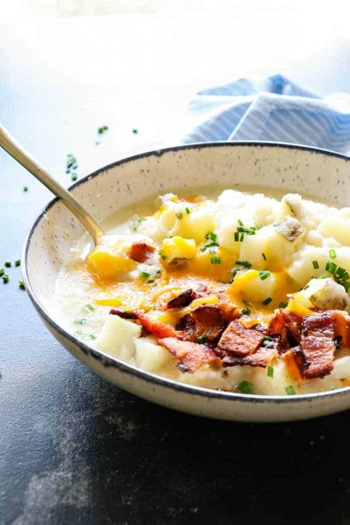 This Potato Soup is smooth and creamy. Loaded with chunks of potato. Plus it's secretly healthy, made with no milk or cream! 