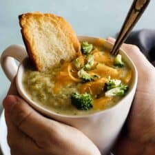 A lighter version of Thick and Creamy Broccoli Cheese Soup! A secret ingredient makes this soup secretly lighter, healthier and epically creamy!