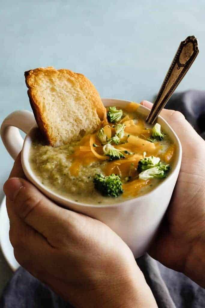 A lighter version of Thick and Creamy Broccoli Cheese Soup! A secret ingredient makes this soup secretly lighter, healthier and epically creamy! 