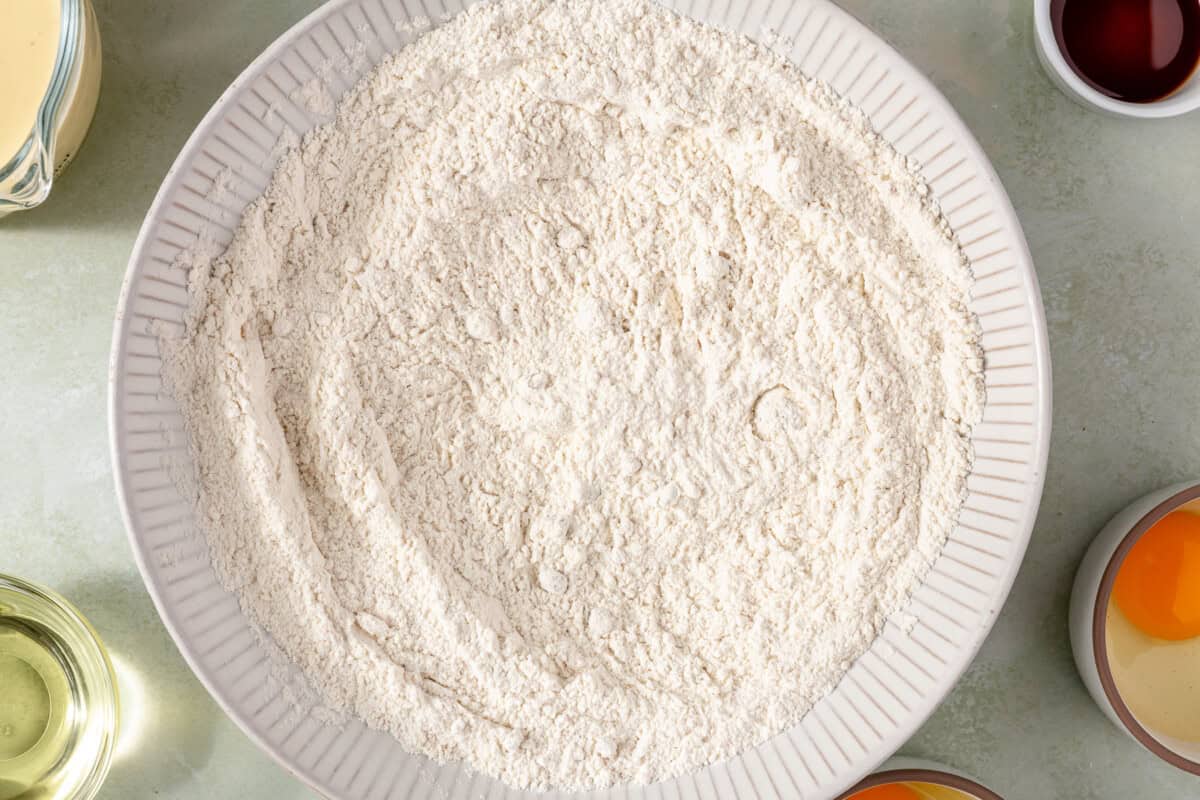 Dry ingredients mixed in a large bowl. 