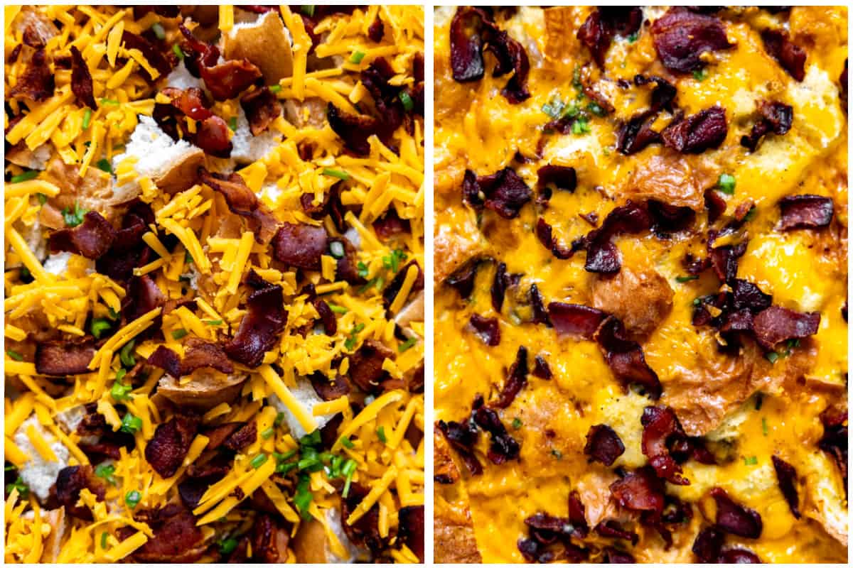 Up close of bacon cheese strata before and after cooking. 