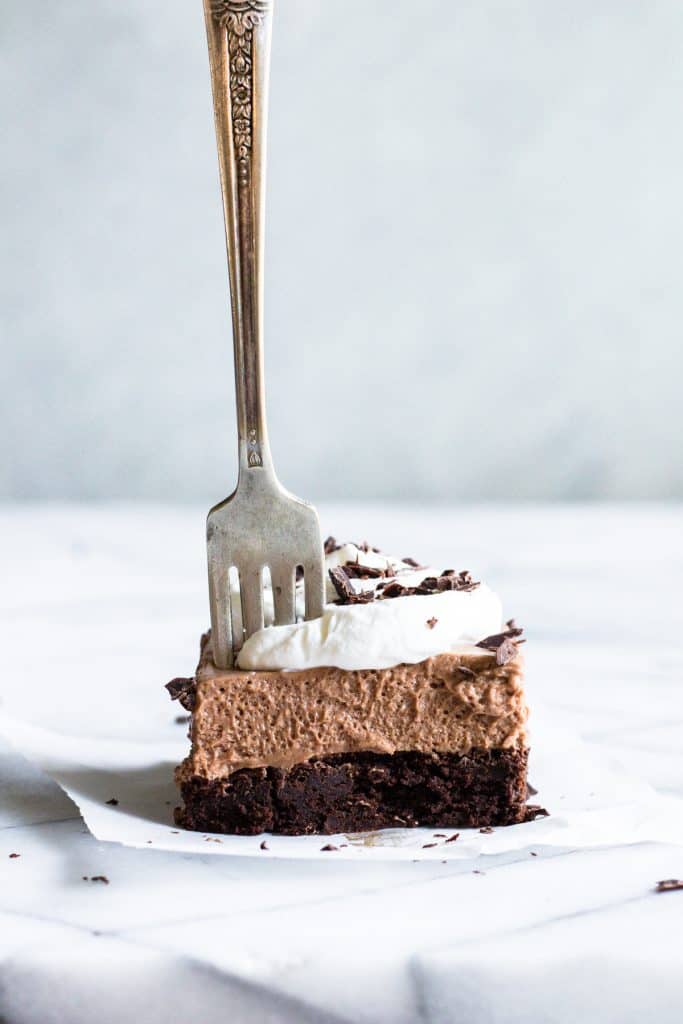 French Silk Brownies. A homemade fudgy brownie topped with a smooth and creamy French Silk topping. The ultimate in chocolate desserts.