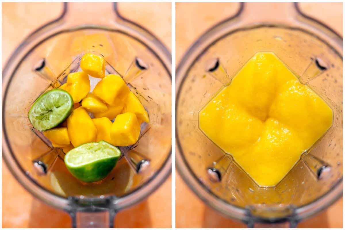 Ingredients for mango margarita in a blender before and after blending. 