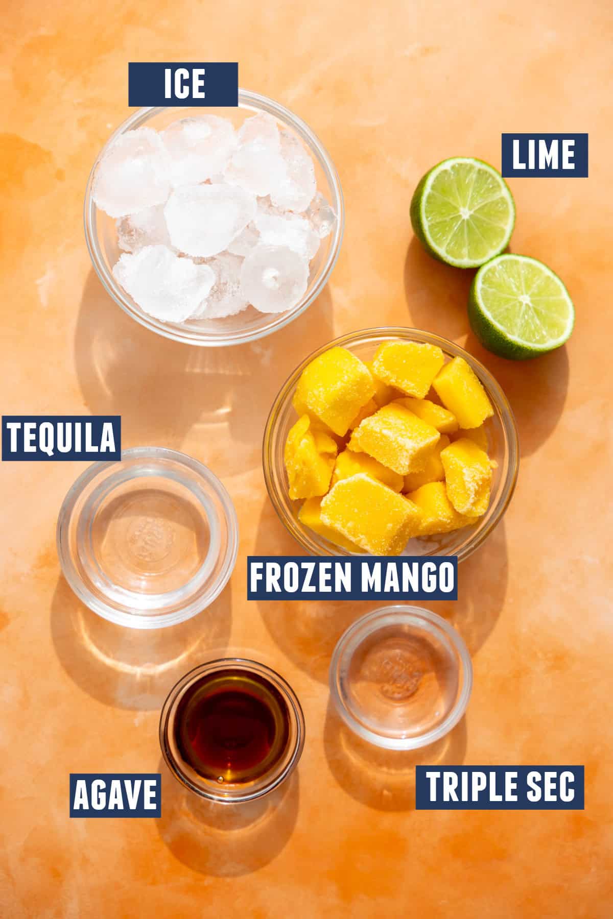 Ingredients needed to make mango margaritas.