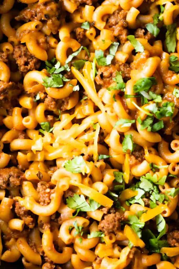 Up close of taco pasta made with macaroni noodles.