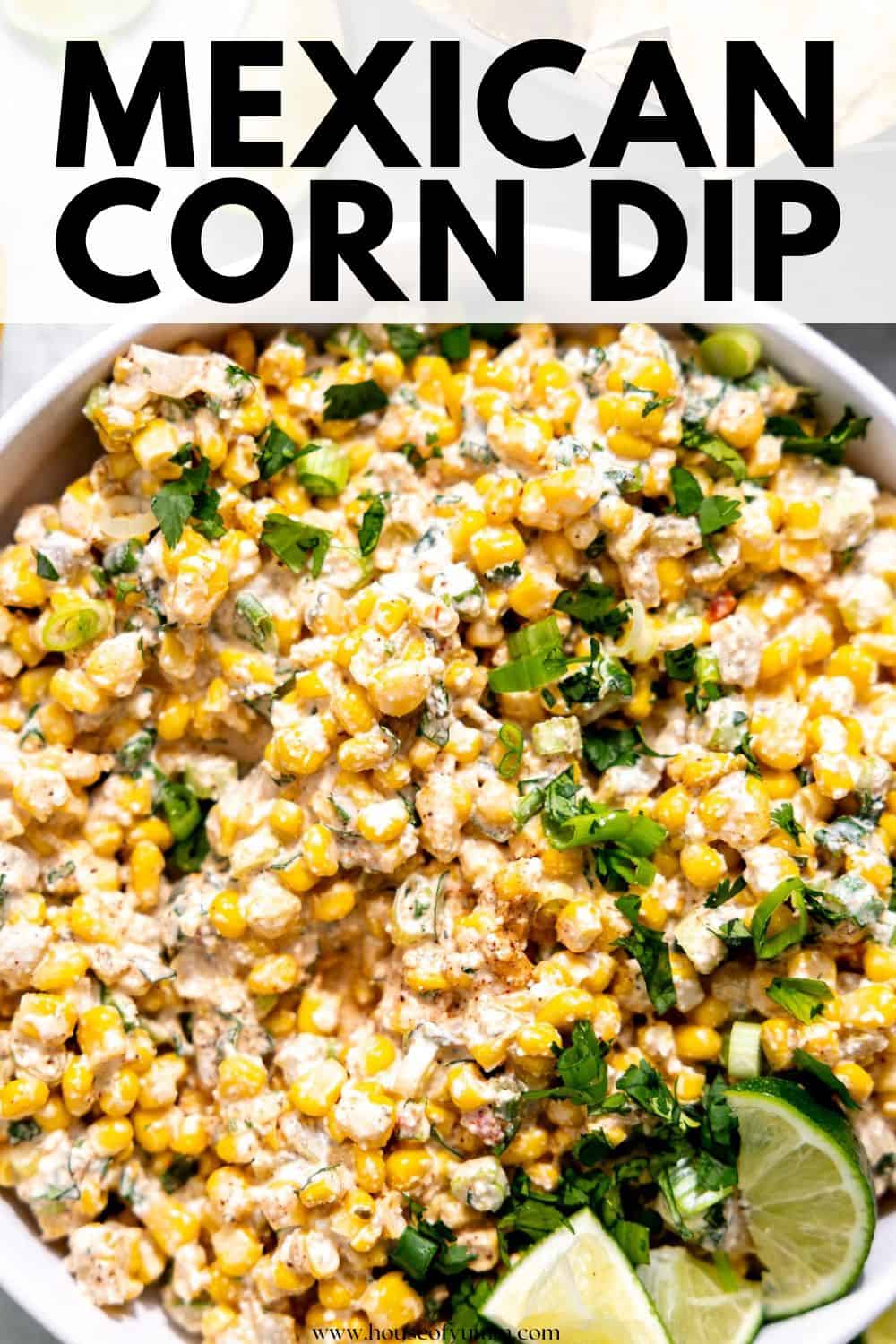 Mexican corn dip with text.
