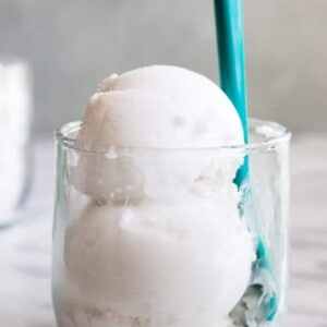 Glass Cup filled with scoops of coconut sorbet.