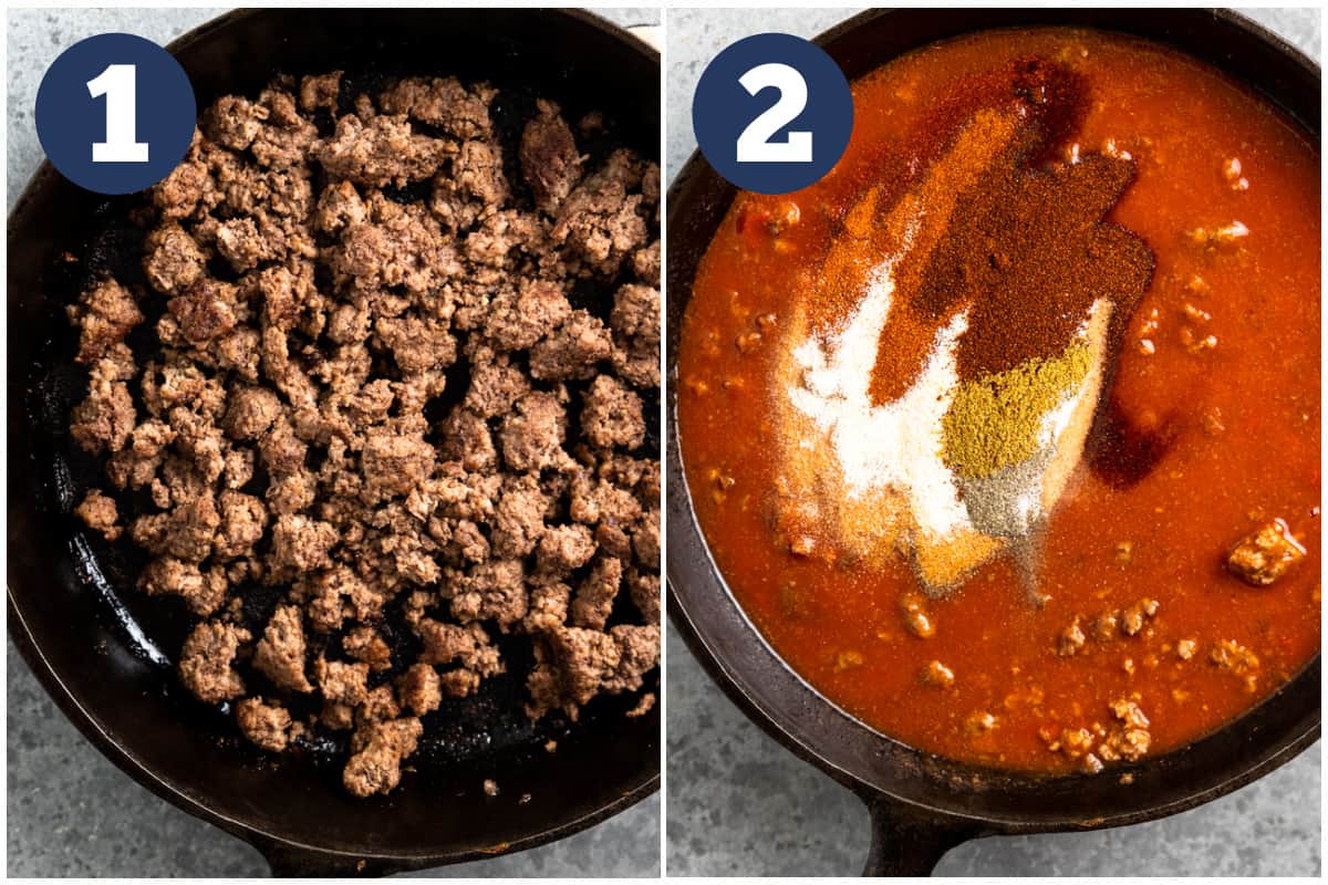 Collage showing cooked ground beef in a skillet then with tomato sauce and seasonings added. 