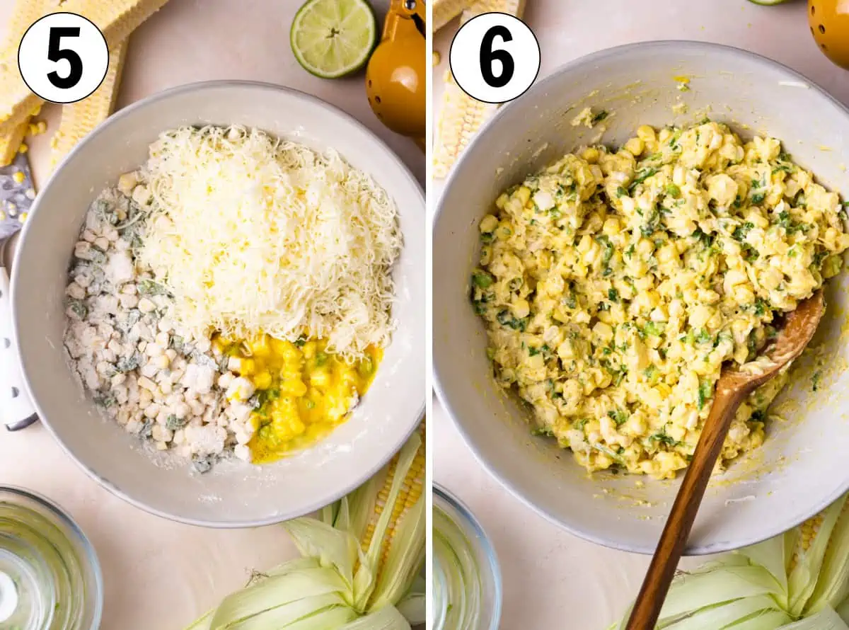 Cheese and eggs being added to corn mixture and then stirred together to make the batter for corn fritters.