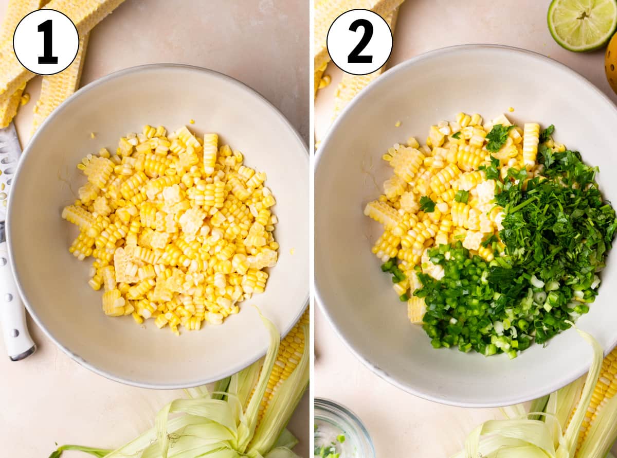 how to make corn fritters showing corn cut off the cob and then veggies and herbs being added.