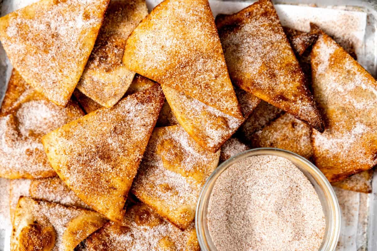 Fried tortilla chips dusted with cinnamon sugar. 
