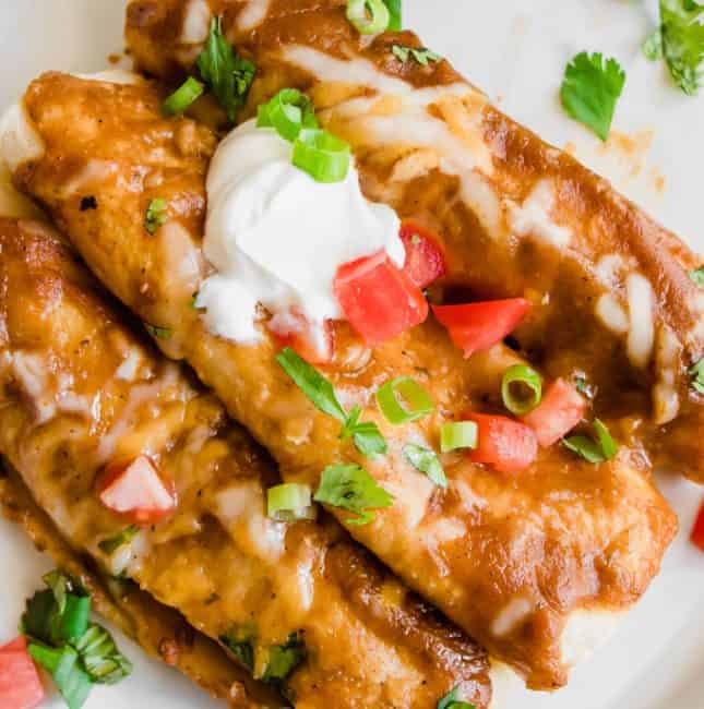 Overhead view of three chorizo enchiladas on a plate topped with sour cream, cilantro and tomato.