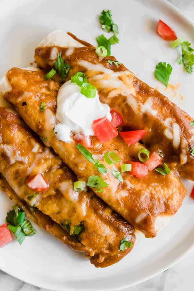 Overhead view of three chorizo enchiladas on a plate topped with sour cream, cilantro and tomato. 